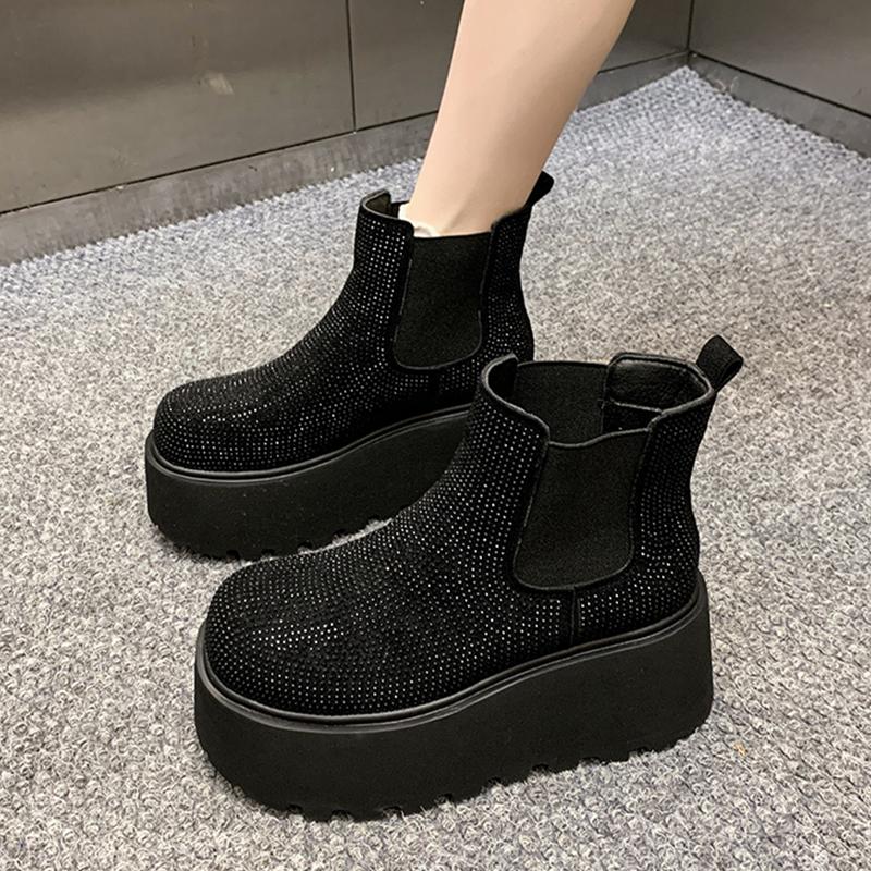 Quality Crystal Platform Ankle Boots Women's High Heels Luxury Shoes Winter Fad Elegant Chelsea Boots New Dress Cozy Mujer Botas