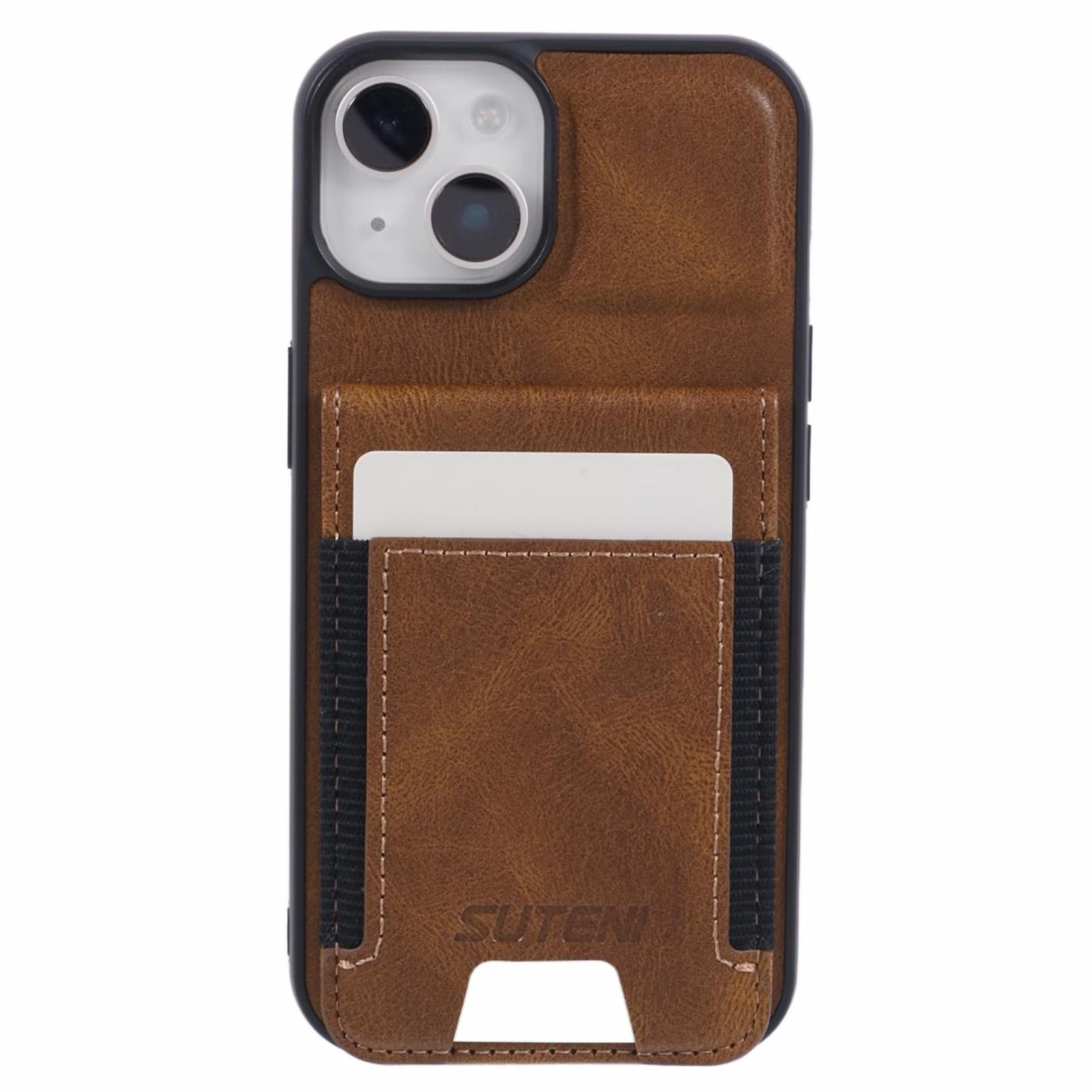 

SUTENI H03 For iPhone 14 Case Card Holder Kickstand Protective Cover Brown