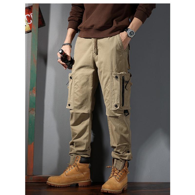 Men multi flap pocket cargo jogger pants drawstring ankle solid army green outdoor street casual trousers