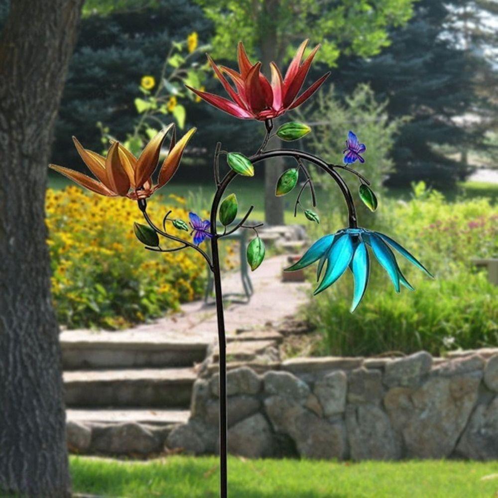 Landscape Art Decoration Metal Wind Spinner Creative Durable Gardening Plug with Spinning Flowers Wind Rotator Park