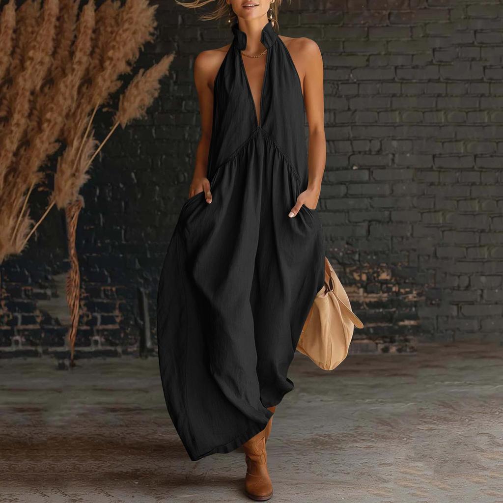 Women V Neck Sleeveless Maxi Dress Loose Fit Backless Casual Sundress with Pockets for Daily Wear Beach Vacation
