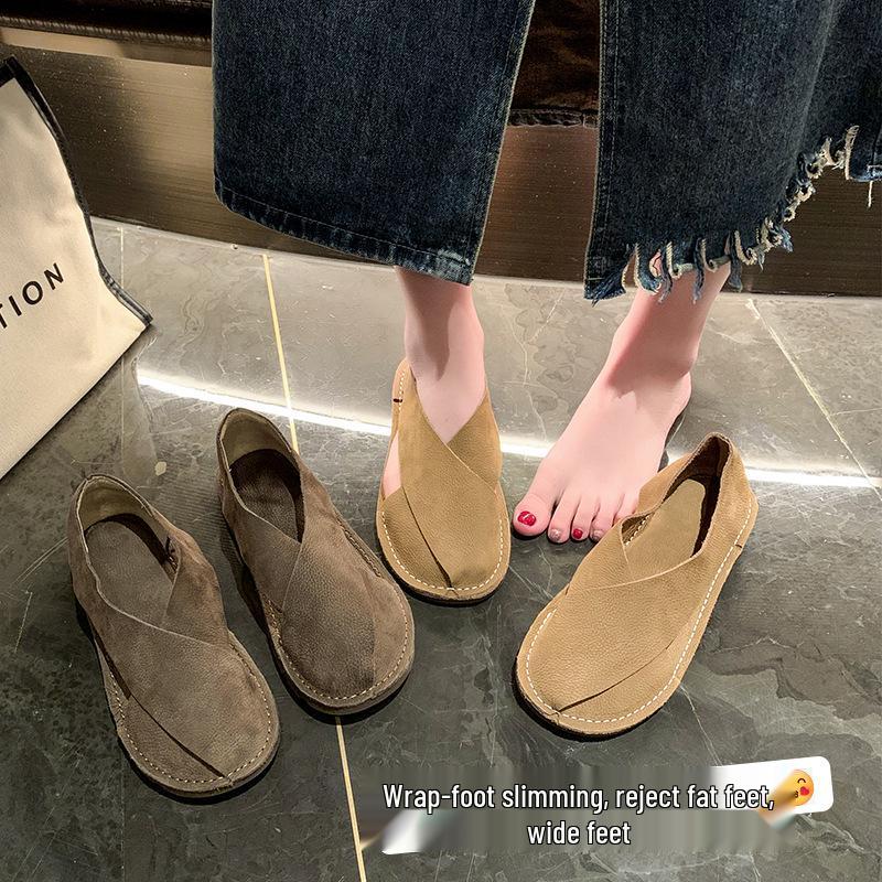 2024 Sommar Mjukt Läder Dam Rund Tå Slip-on Fiskarsandaler, Retrostil, Plusstorlek Finns