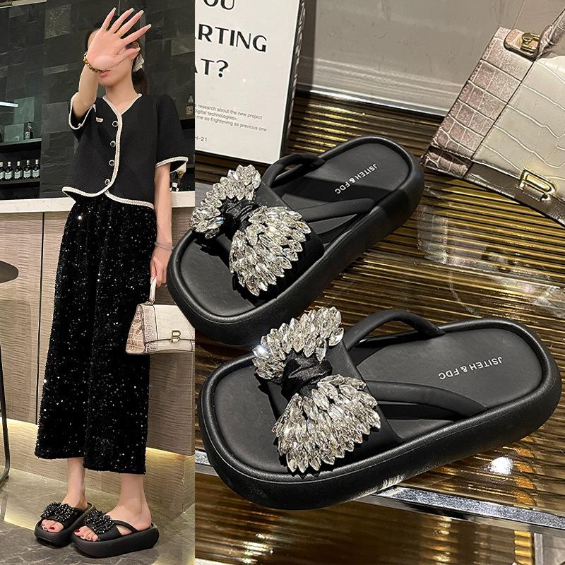 Wear thick-bottomed rhinestones outside, summer fashion 2025 new bow slippers, Roman Baizenggao casual slippers women