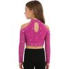 Girls Shiny Sequins Crop Top Long Sleeve Back Neck Press Buttons Closure Dance Shirt