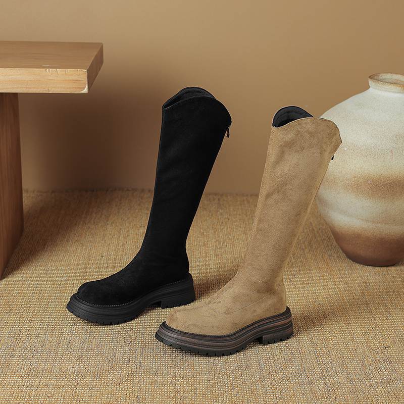 Krazing Pot Flock Autumn Winter Shoes Thick Med Heels Flat Platform Size 43 Modern Boots Stretch Knee Boots