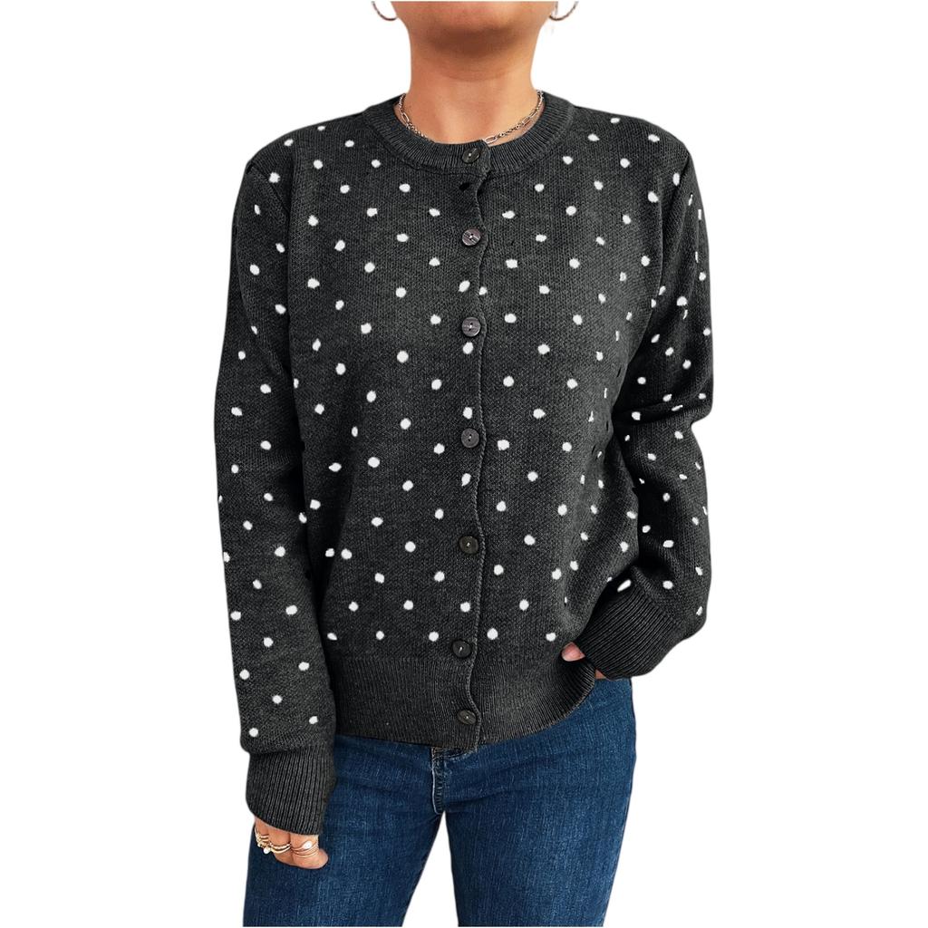 Women's Fashionable Casual Loose And  Polka Dot  Round Neck Long Sleeved Knitted Cardigan Sweater Jacket