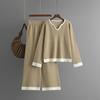 A New Autumn and Winter Striped Knitted Suit for Women, A V-neck Color-blocking Top and Wide-leg Pants Two-piece Set