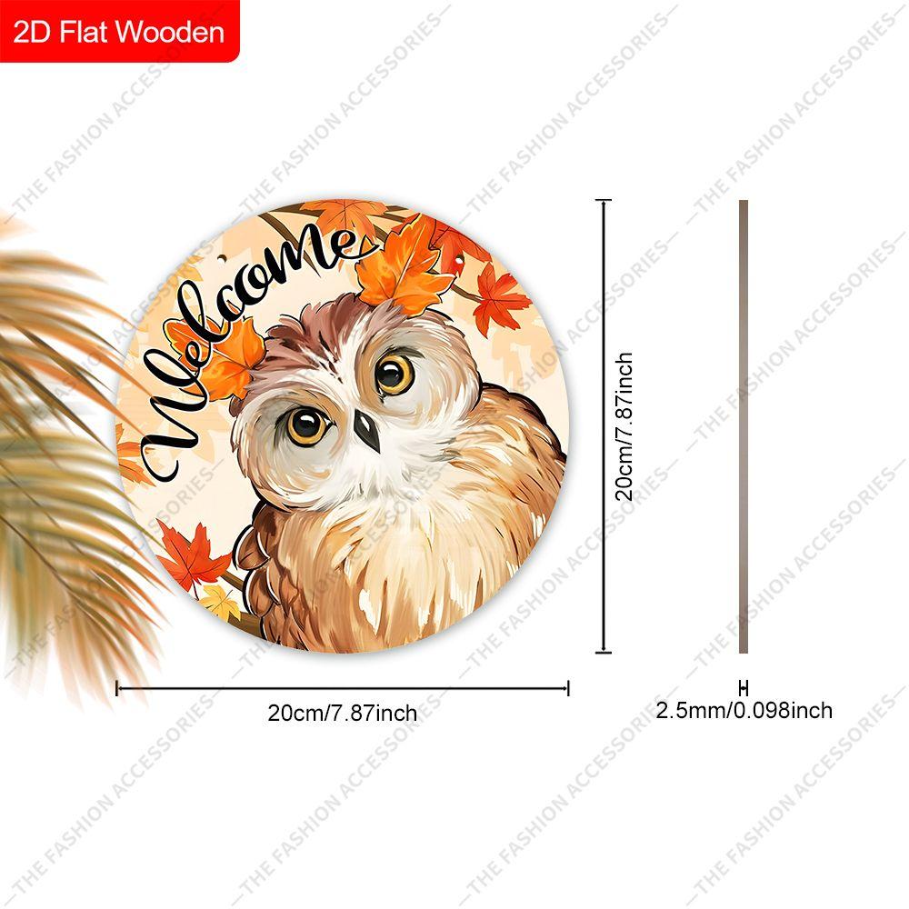 Welcome Autumn Owl Maple Leaf Round Wooden Hanging Sign, 2D Flat Printed Fall Front Door Decor, Harvest Season Wall Ornament Gift