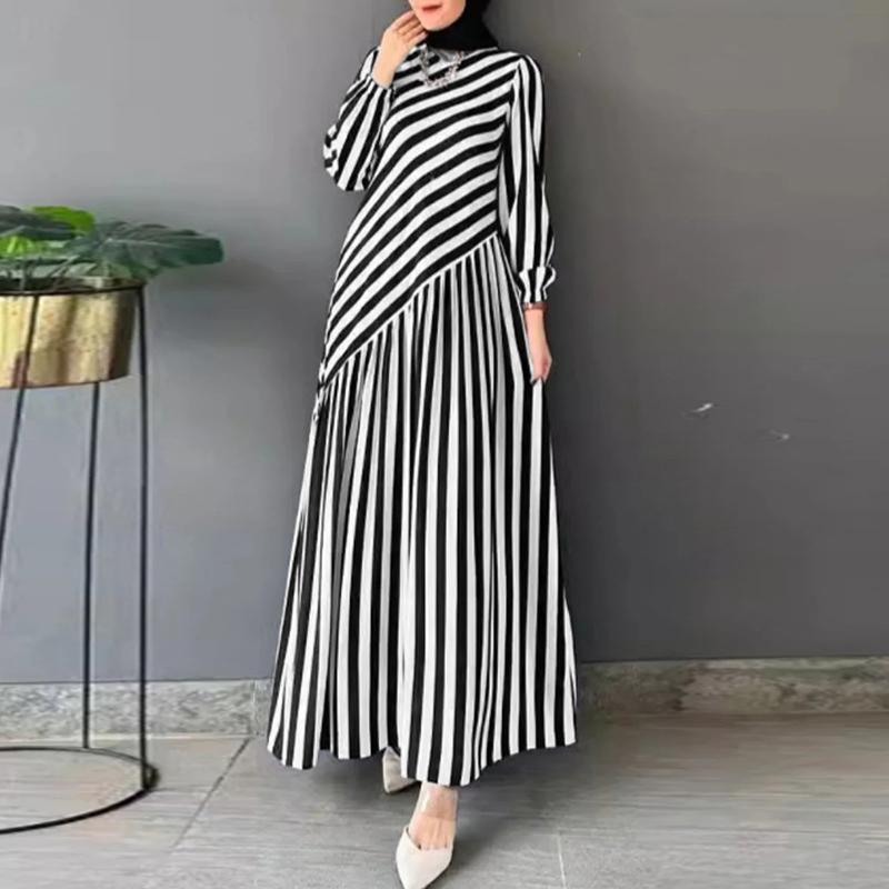 

ZANZEA Женское повседневное платье с круглым вырезом, длинными рукавами, свободного кроя, в стиле ретро, с принтом в полоску 4XL чёрный