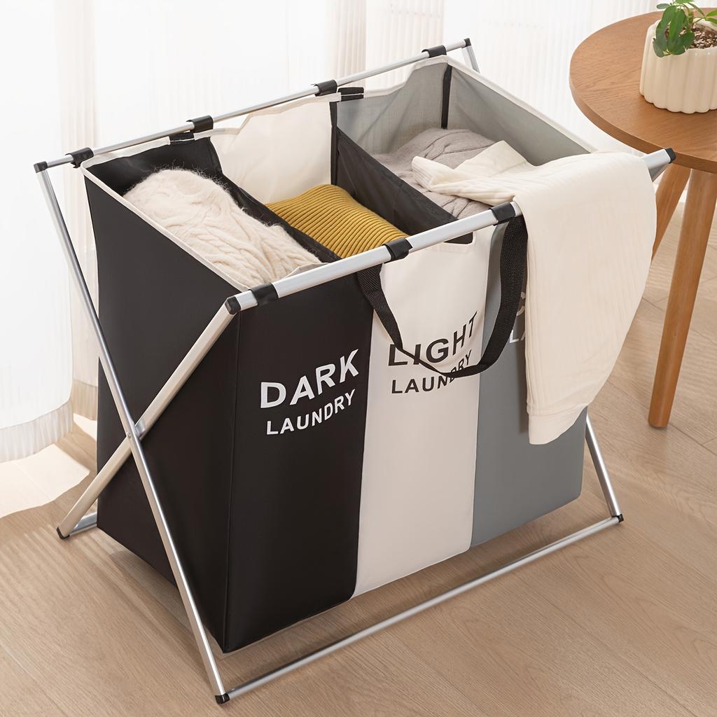 Cesto de Roupa Suja Grande Capacidade com 3 Compartimentos - Dobrável, Portátil, Saco de Armazenamento com Alças, Ideal para Organização de Banheiro, Quarto