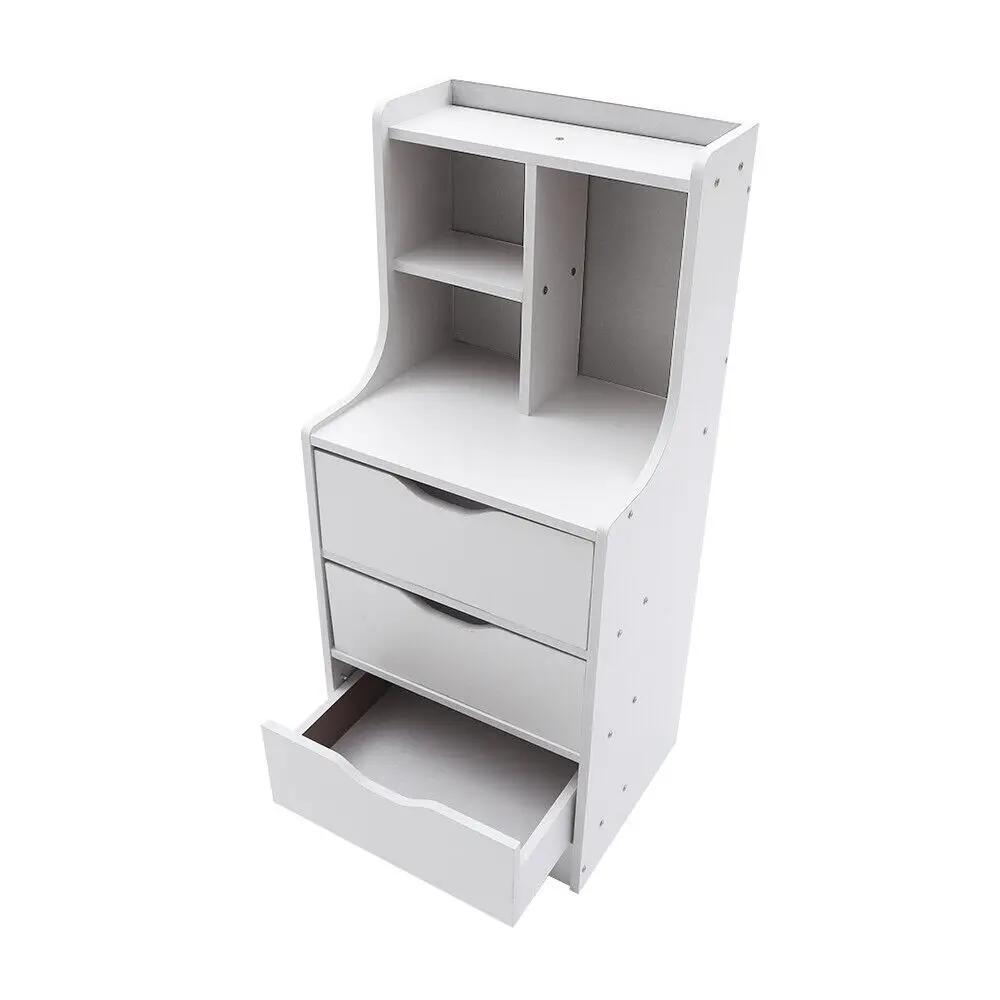 White Tall Nightstand 3-Drawer Bedside Table with Storage Shelf 85cm Height Cabinet