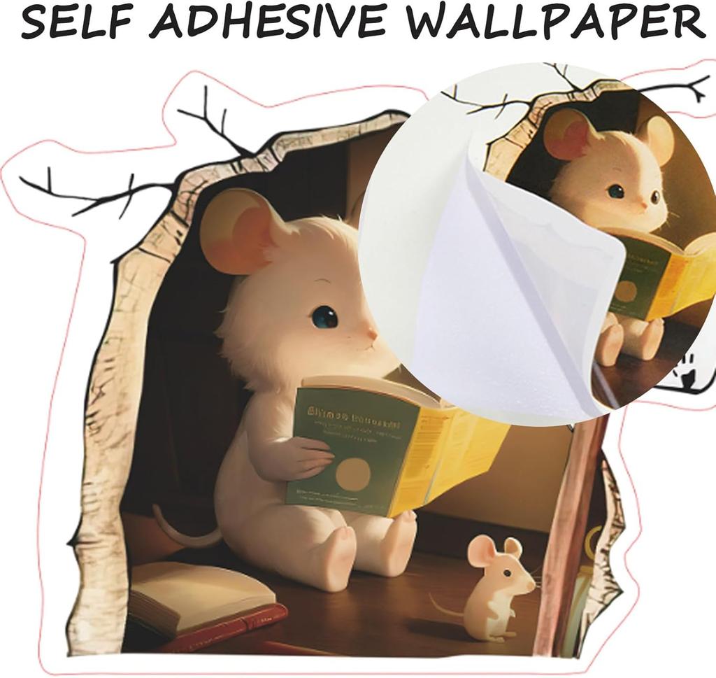 Mouse Wall Hole Sticker Mouse Reading Book Wall 3D Sticker Decal Funny Adorable Wall Corner Sticker Kids Room Nursery