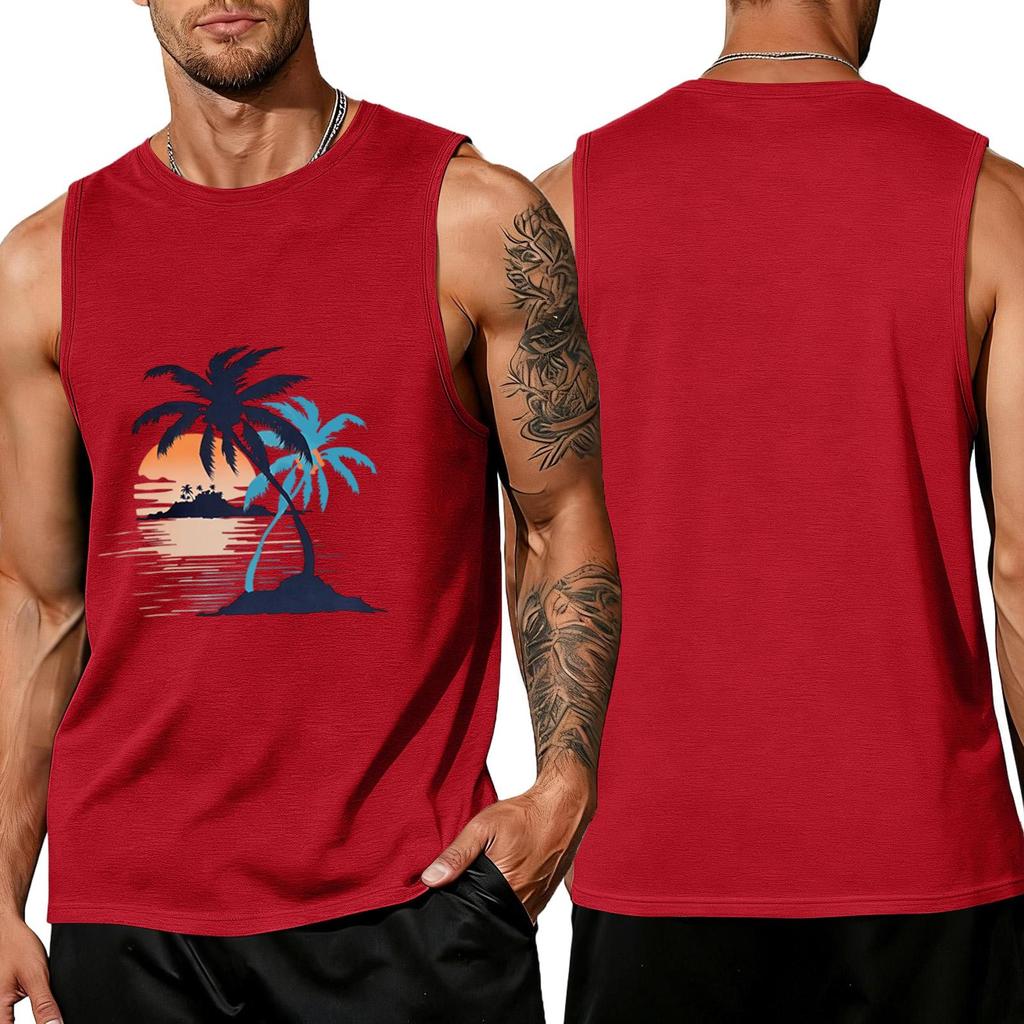 Men’s Sleeveless Crew Neck Tank Top with Tropical Tree and Print Casual Relaxed Fit Shirt