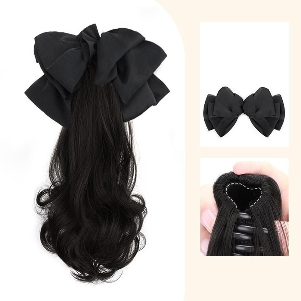 Pferdeschwanz Synthetische Perücke Lang Lockig Haarspange Simuliertes Echthaar Süße Schleife Tiefer Zopf