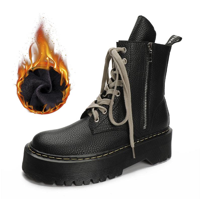 All Cowhide Pu Caiying Same Lychee Pattern Lace-Up Martin Boots Women'S Thick-Soled Medium Tube Handsome Knight Boots Heightening Short Boots