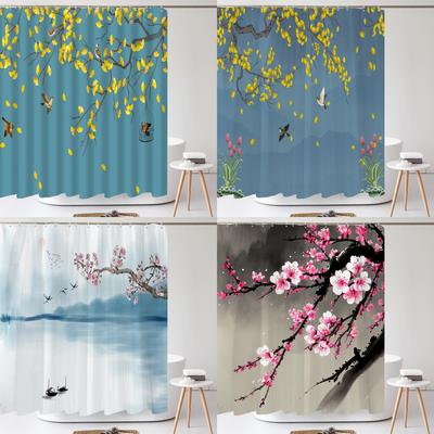 Chinese Flower Bird Shower Curtains Set Printing Waterproof Polyester Leaves Shower Curtains Bathroom Home Decor Mat 180x200CM
