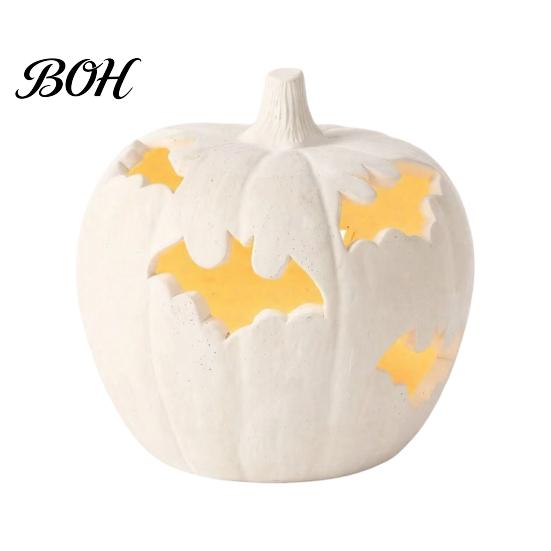Decorative Yard Figurines Halloween Pumpkin Resin Figurine, Bat Hollow Out Lantern with Atmospheric Night Lighting Warm Light, Spooky Indoor