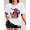 European Size Plus Size - Women'S Graphic T-Shirt - Bold Fashion Portrait with Sombrero & Money Design - White Tee for Everyday & Formal Outfits