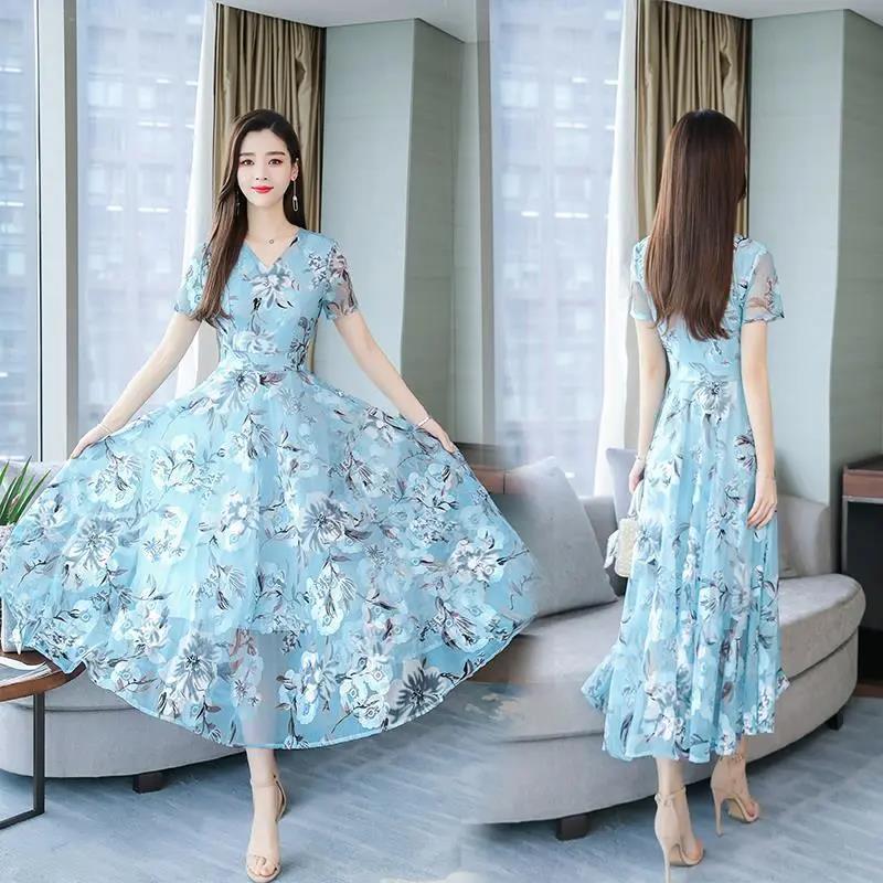 Buy Summer Korean Chiffon Dress Women's Casual Short Sleeve Temperament  Large Blue Pink Flower Round Neck Dress at affordable prices — free  shipping, real reviews with photos — Joom