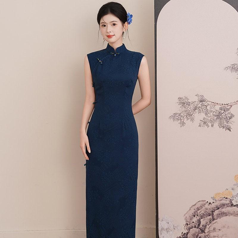 Elegant Blue Modern Cheongsam Dress Women Long Sleeveless Retro Style 2026 Small