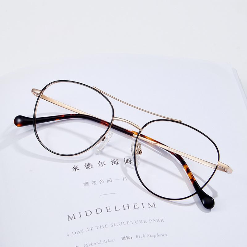 Gold glasses frame, men's and women's double beams, square and round face, metal edge, plain face, niche retro myopia, can be equipped with glasses fr