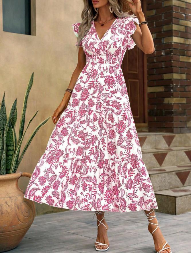 Yahua Women's Bohemian V-Neck Floral Dress - Elegant Summer Waist-Cinching Commuter Style 2026
