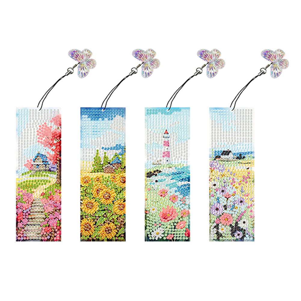 4Pcs Special Shaped Colorful Pattern Diamond Bookmark Art Project DIY Diamond Bookmark with Crystal Pendant for Reading Day Gift
