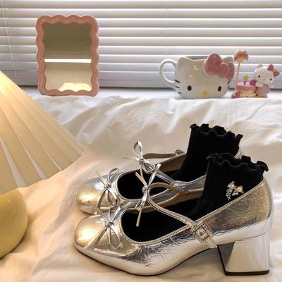 Trendy Small Leather Shoes for Women, Thin and Versatile Thick Heels, Fashionable French Bows, Heightened Foreign Style, Heightened Temperam