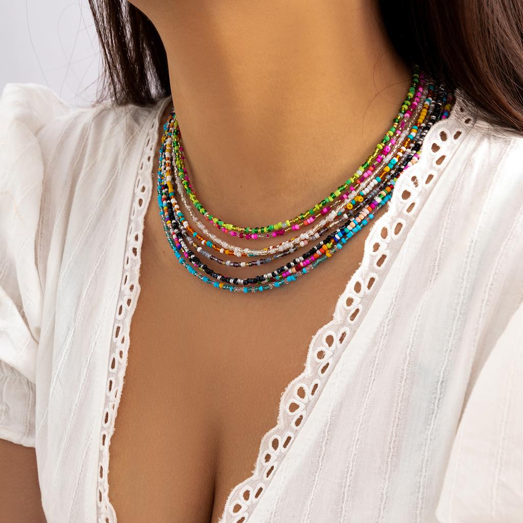 Salircon Bohemian Mixed Color Seed Bead Clavicle Necklace Trend Acrylic Rice Bead Beaded Choker Women's Summer Beach Jewelry
