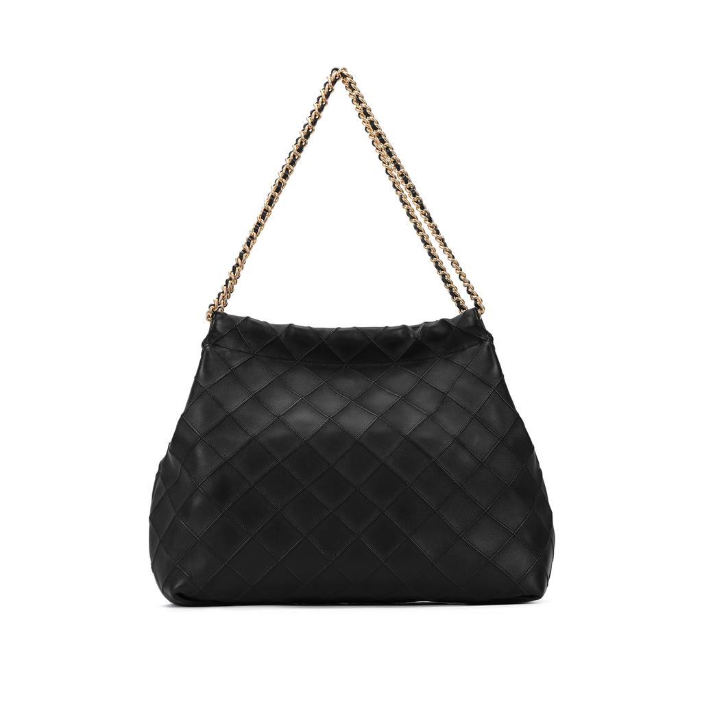 Tory Burch Fleming Solid Plaid Chain Leather Tote Shoulder Bag Large Women Bags Black 154572-001