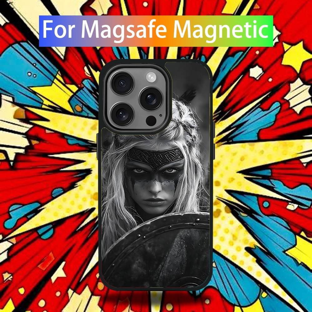 

Female V-Viking Warrior Phone Case For iPhone 16,15,14,13,12,11,Pro,Max,Plus,Mini,SE4,E Magnetic Magsafe Wireless Charging iPhone16promax
