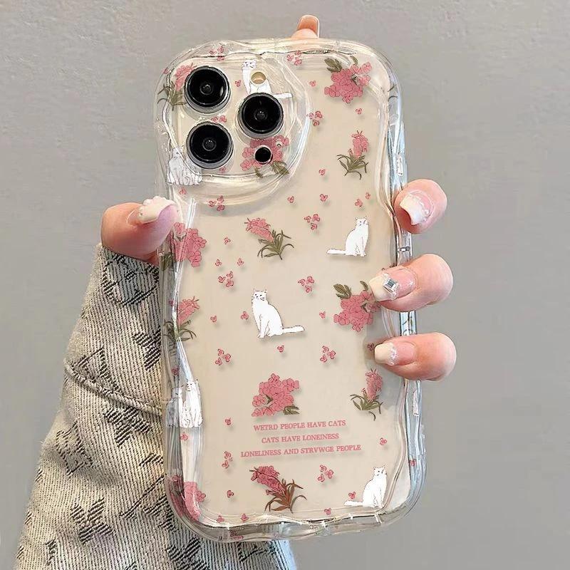 Fresh Floral Cat iPhone17Promax Mobile Phone Case Transparent for Apple 16promax Cream Case 15