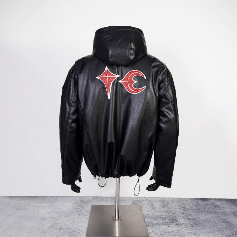 EastRogue American Retro PU Leather Star and Moon Patch Embroidery Zipper Jacket