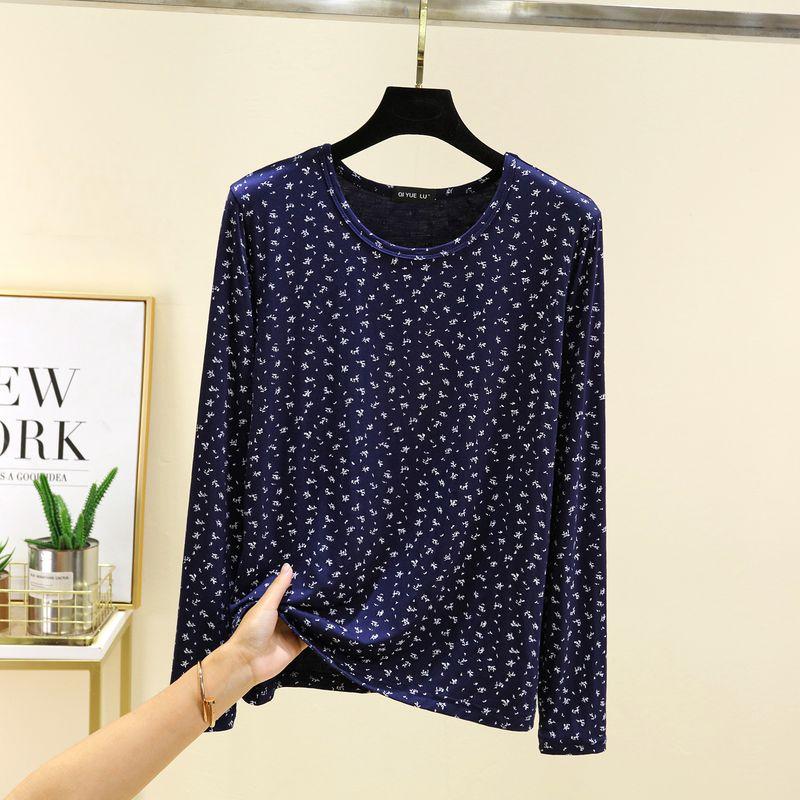 

Модальная футболка с круглым вырезом и цветочным низом, женская осенняя тонкая с длинными рукавами, свободный облегающий базовый топ, повседневная футболка больших размеров Navy XL (recommended 55.00 kg-70.00 kg