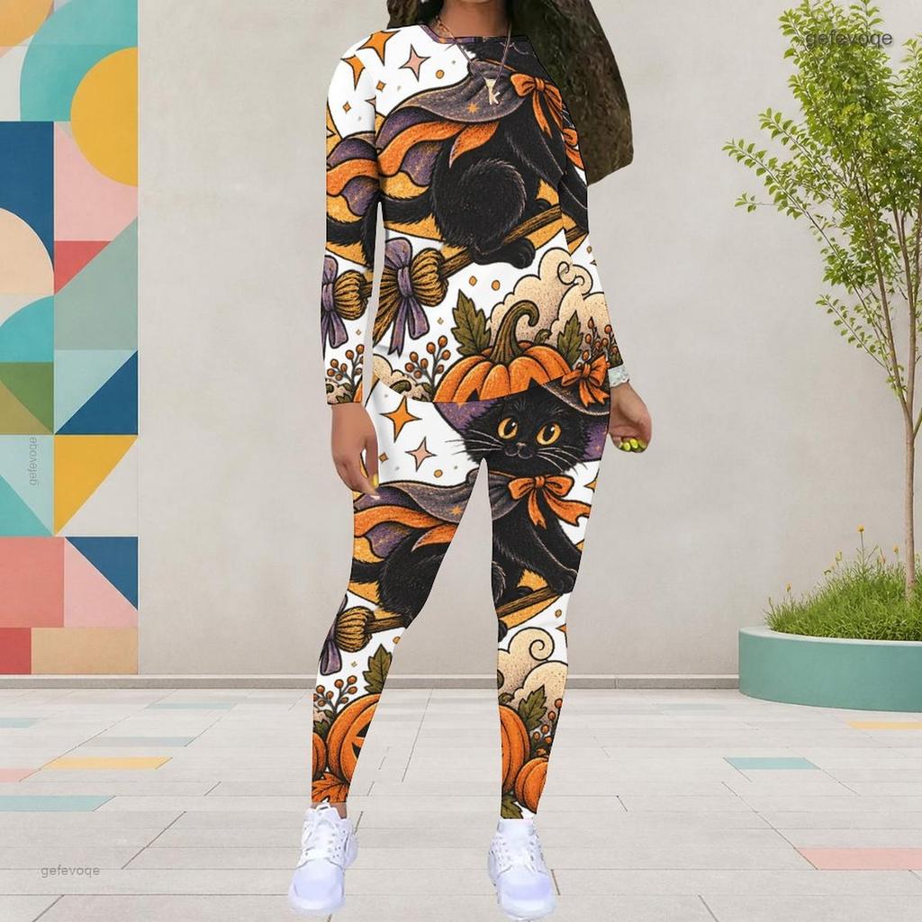 Women Plus Size Round Neck Long Sleeve Skeleton Printed Top Fitted Pants Two Piece Set
