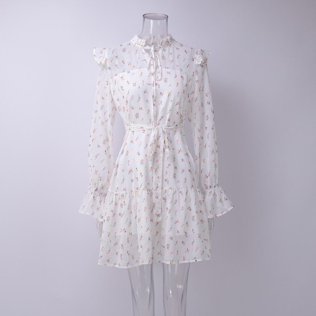 Vestito floreale da donna con scollo a balze bordato, spalline, maniche a sbuffo, corto, in chiffon, gonna a corno, stile delicato
