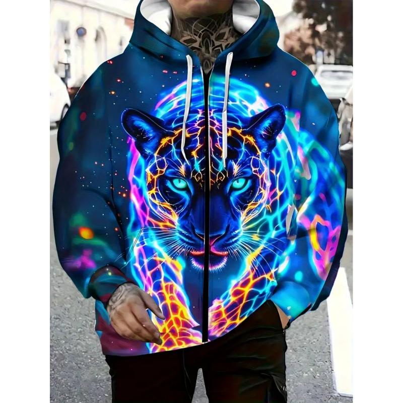 Herren Kapuzenpullover mit Reißverschluss und Tiger-Grafik, Langarm, Lässiger Outdoor-Mode-Mantel mit Kordelzug und Taschen, Reißverschluss-Kapuzenpullover für den Mann