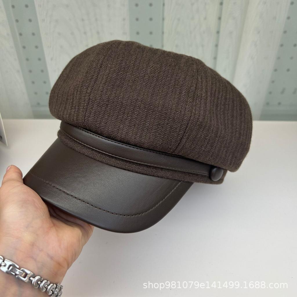 Japanese Striped Casual Retro Octagonal Hat Early Autumn Pu Leather Brim Splicing Women's Street New Cap Trendy New
