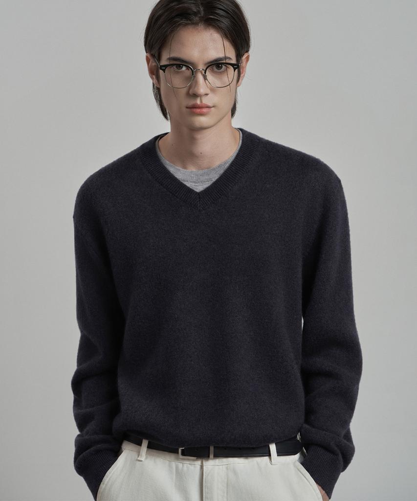 WORK ON BODY OFF Ars Semi-Overfit Layered V-Neck Knit [Navy]
