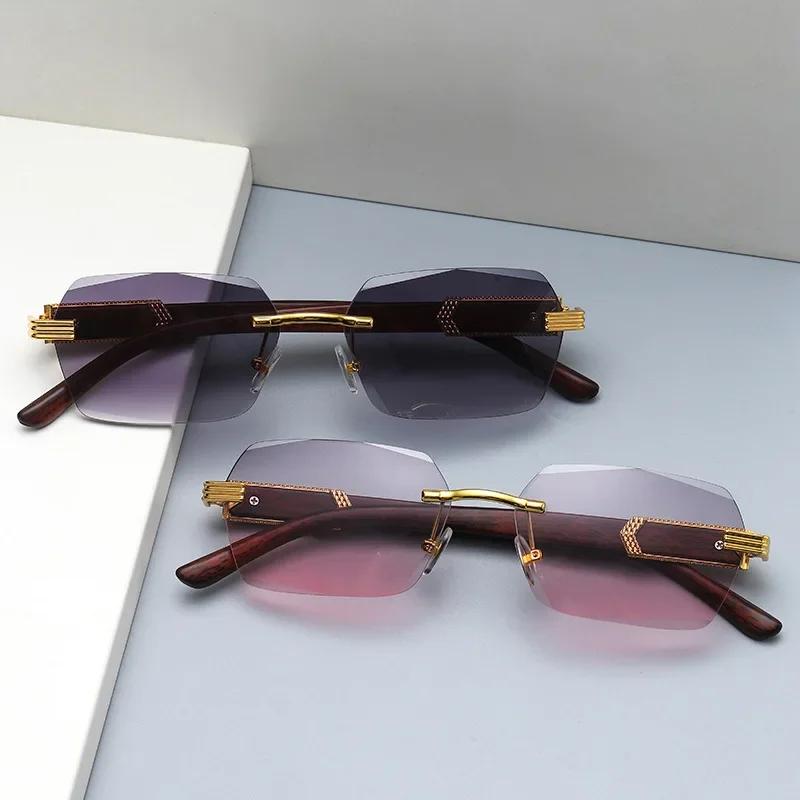 Vintage Rimless Square Sunglasses Man Brand Designer Frameless Gradient Sun Glasses Woman Fashion Wooden Hombre New