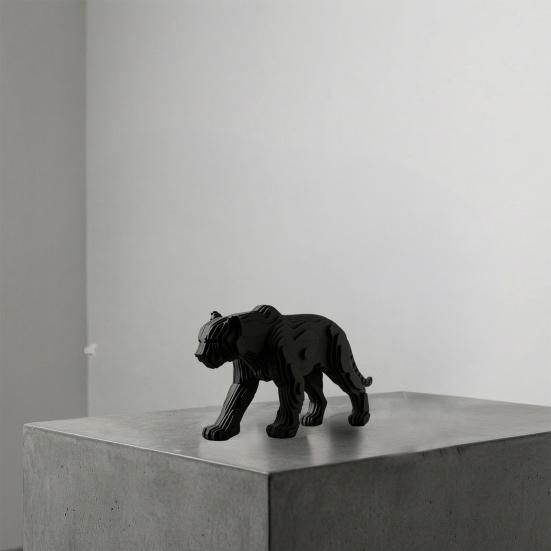 3D Printed Black Panther Figurine, Matte Black Texture Geometric Desktop Decoration, Layered Panther Sculpture Home Office Decor Gift