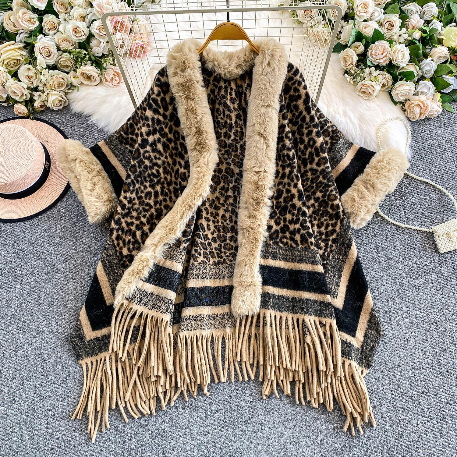 

Women s Long Fake Fur Coat Heavy Work Leopard Print Tassel Mid-Length Winter Outerwear Commute Cardigan One size fits all хакі