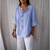 T-shirt da donna estiva nuova, larga, in cotone e lino, con scollo a V, bottoni, casual