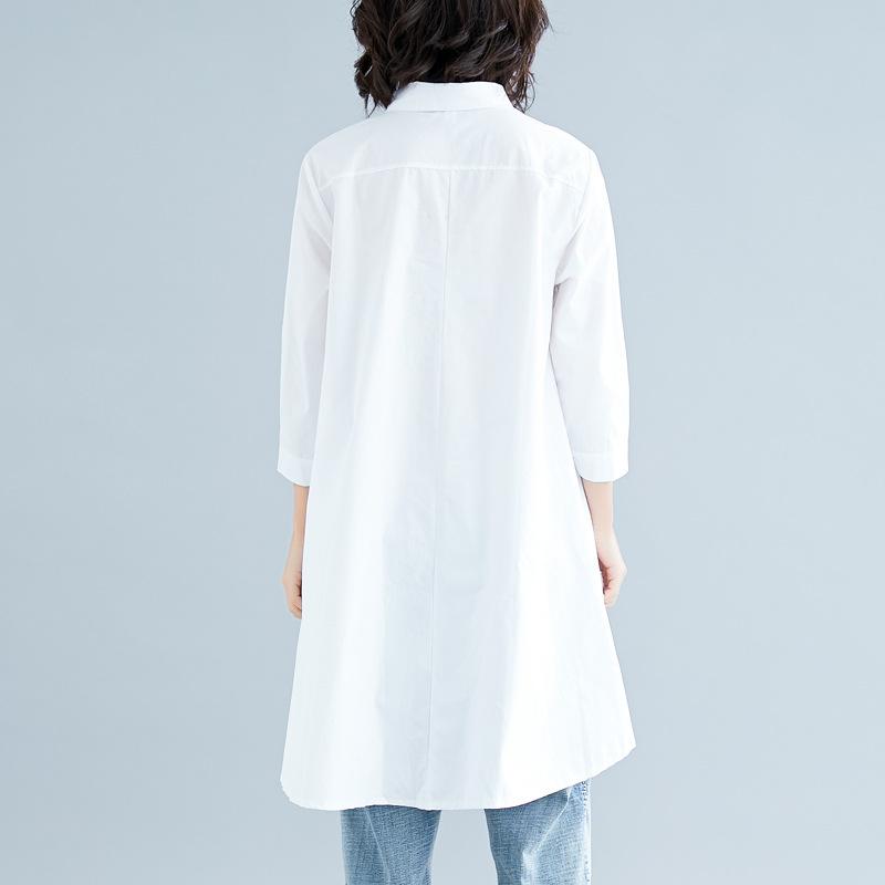Summer Literary Plus Size Loose Solid Color Lapel Seven Quarter Sleeve Shirt for Women's Mid To Long Length Blouses & Shirts