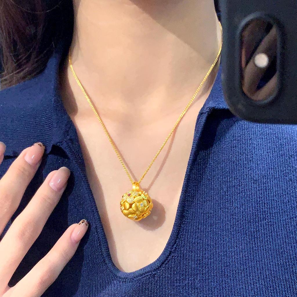 Xiaohongshu Inspired Floral Pendant Necklace: Sand Gold, Diamond Studded, Embroidered Flower Design.