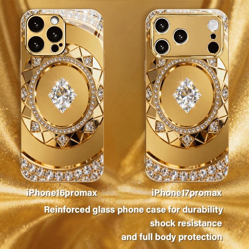Golden Diamond Plate Pattern Gold Metallic Paint Glass Phone Case For iPhone 17 Pro Max 11 12 13 14 15 16 Plus 17 Air 16E Cover