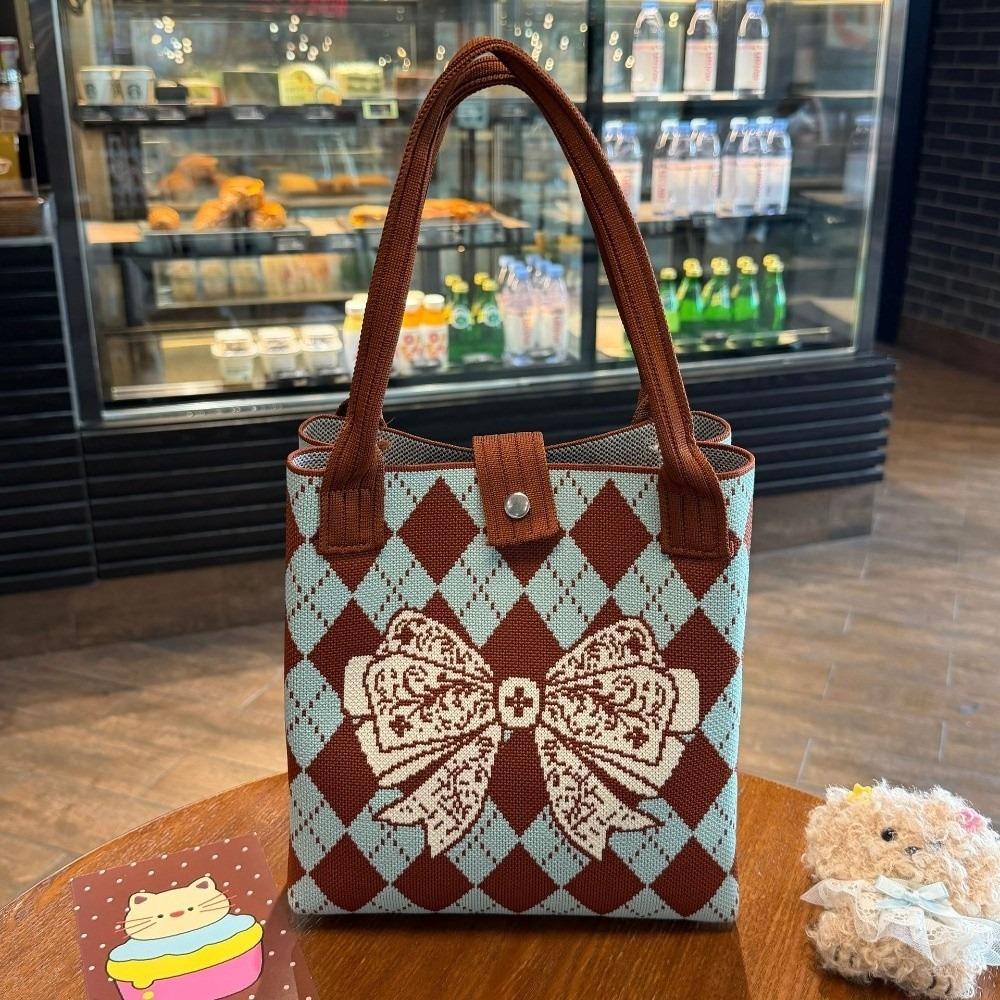 Large Capacity Cartoon Tote Bag Lightweight Handheld Bag Knitted Bucket Handbag Casual Use