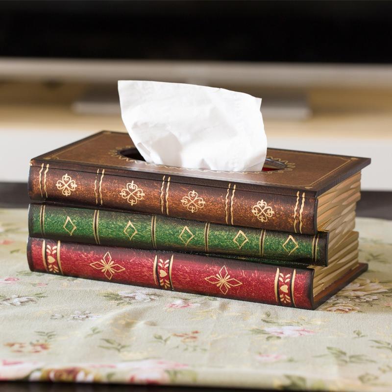 Wooden Vintage Book-Shaped Tissue Holder Dispenser Retro Bookmarkable Cover with Tissue Flaps Decorative Napkin Box Home Office