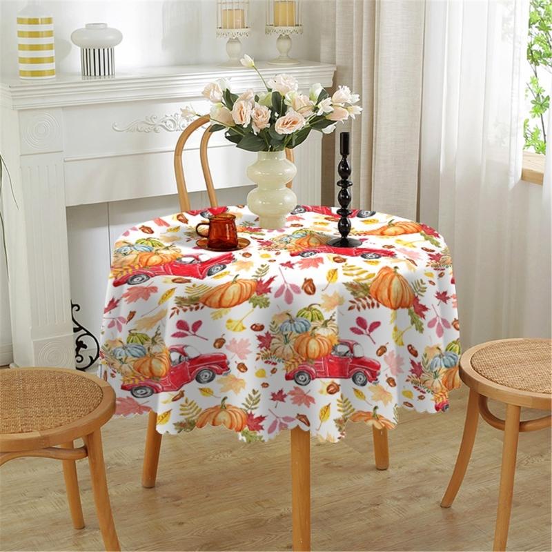 Table Cloth Autumn Leaves and Pumpkin Patterns Round Tablecloth 150cm for Thanksgiving Party Decoration