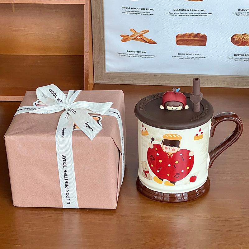 Retro Family Four-mouth Water Cup Cute Couple Ceramic Mug with Lid Home Coffee Cup Girl Birthday Gift